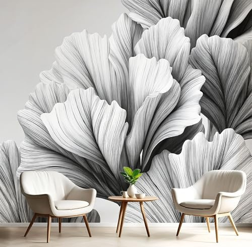 Einfache Blätter Fototapete 3D Effekt Seidentapete 150X105Cm(Bxh) Schwarz Weiß Wanddeko Für Schlafzimmer Wohnzimmer Küche – Handgezeichnete Skizze Fototapete Atmungsaktiv, Umweltfreundlich