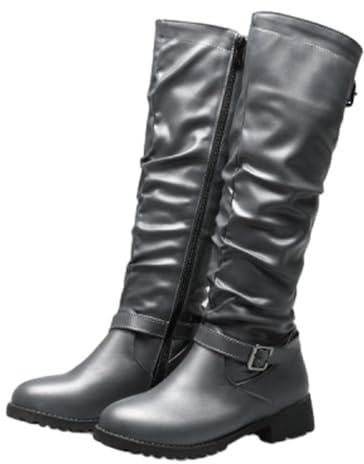 WXDTW Botas de rodilla para mujer con hebilla ajustable, tacón bajo con cremallera lateral, piel sintética, botas altas de pantorrilla ancha para mujer, gris, 41 EU