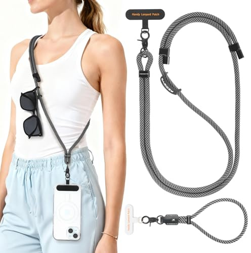 Oaridey 2er Set Anti-Diebstahl Handykette Universal, enthält verstellbares Handyband zum Umhängen und Handykette kurz. Mit 2 Handy Lanyard Patches und robustem Haken für Kopfhörer, Schlüssel, Schwarz