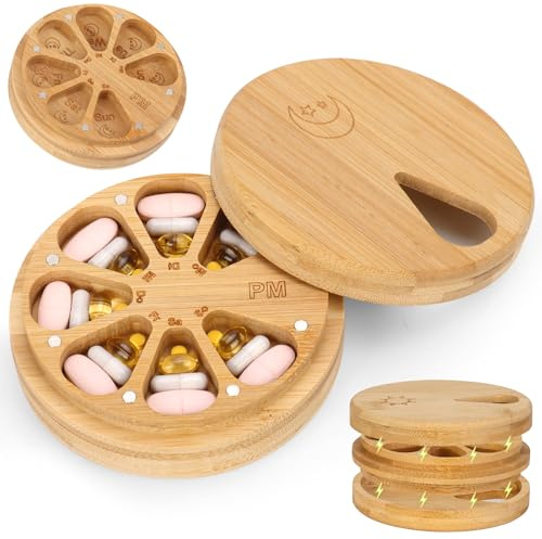 Pillerbox 7 dagar morgon kväll pillerlåda 12 x 12 x 4,1 cm medicinlåda trä dubbelsidig pillerask tablettlåda roterande magnetiska tabletter arrangör för medicintillskott vitaminer