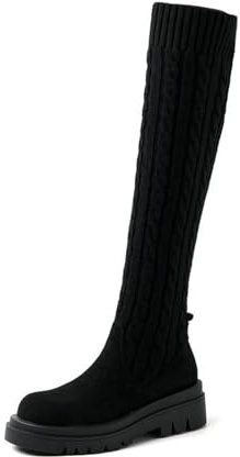 WOkismD Stivali da Donna Neri in Maglia sopra Il Ginocchio con Suola Platform in Finta Pelle Scamosciata e Gambale Alto Elasticizzato,Nero,43 EU