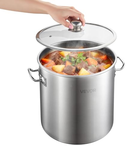 VEVOR Stainless Steel Stock Pot, 21-Quart Stainless Steel Stockpot with Glass Lid, PFOA-Free, PFAS-Free, Compatible with Gas Stoves, Induction Cooktops, Electric Stoves, for Soups, Stews, and Pasta