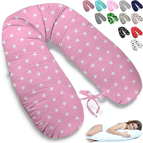 ekm trade 170cm XXL Stillkissen Schwangerschaftskissen Lagerungskissen Seitenschläferkissen große Farbwahl Handmade Baumwolle 100% aus Zertifizierte Materialien (20 – Rosa – Weiße Sterne)