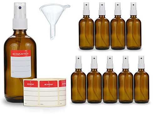 10 Braunglas-Sprühflaschen à 100 ml mit Zerstäuber, Trichter und Etiketten | Für Parfüm, Deo, Raumspray und Kosmetik, lichtschützendes Braunglas zum feinen Vernebeln und Beschriften