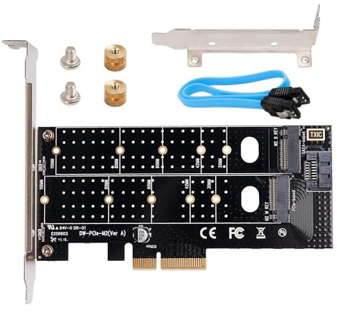 QNINE Dual M.2 NVME Adapter, NVME PCIE Adapter M Key oder M.2 SATA SSD B Key 22110 2280 2260 2242 2230 für PCIe 3.0 x4 Hostcontroller mit Low Profile Bracket für PC Desktop