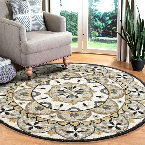 LR Home 6ft Round Indoor Wool Area Rug for Home Decor | Rugs for Living Room, Bedroom, Playroom, Entryway, Office | Hand Woven Modern Farmhouse Large Boho Area Rug for Room Decor | Ivory/Gray