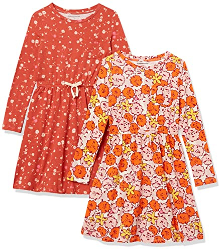Amazon Essentials Vestido Tipo Camiseta de Cintura Elástica y Manga Larga Niña, Naranja Florecitas/Rosa Floral, 6-7 años