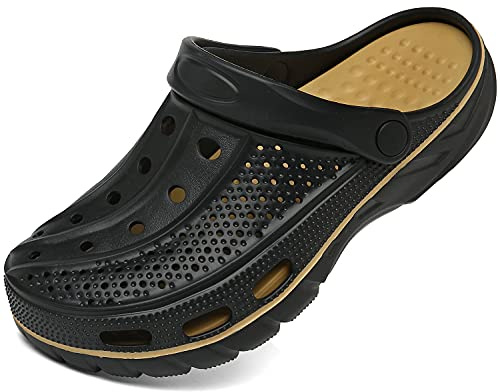 ChayChax Men's and Women's Arch Support Clogs Garden Shoes Slip-on Outdoor Beach Slippers with Removable Cushion Footbed, Black Gold, 9.5-10.5 Women/8-9 Men