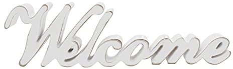 CVHOMEDECO. Rustic Vintage Distressed White Wooden Words Sign Free Standing Welcome Tabletop/Shelf/Home Wall/Office Decoration Art, 14.5 x 4.25 x 1 Inch