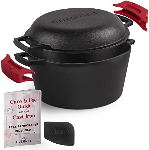 Dutch Oven Dutch Oven aus Gusseisen, 5 Quart tiefer Topf, vorgebrannter 2-in-1-Multi-Kocher, Kombi-Deckel, dient auch als 25,4 cm Bratpfanne + Silikon-Griffabdeckungen + Schaber – für Innen- und