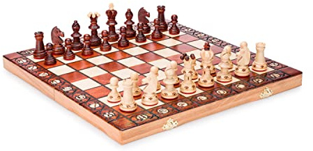 Juego de ajedrez de madera, artesanal, con tablero de madera y piezas de ajedrez artesanales (36 cm), AMB