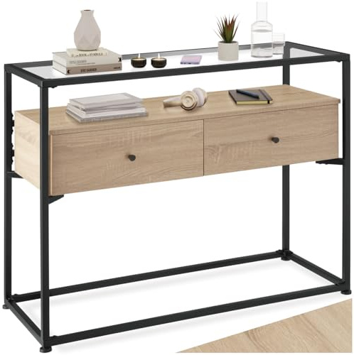 tectake® Console Meuble Reading 101,5 x 41,5 x 80,5 cm, Plateau en Verre 958 x 358 x 5 mm, Console d'entrée Table de Salon Meuble d'entrée Style Industriel, Meubles Salon Couloir Bureau, Bois Clair