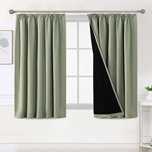BellaHills 100% Blackout Curtains for Bedroom Thermal Insulated Curtains & Drapes Blackout Curtains Pencil Pleat Curtains for Living Room with Black Liner 2 Panels, 46 x 54 Inch, Light Sage
