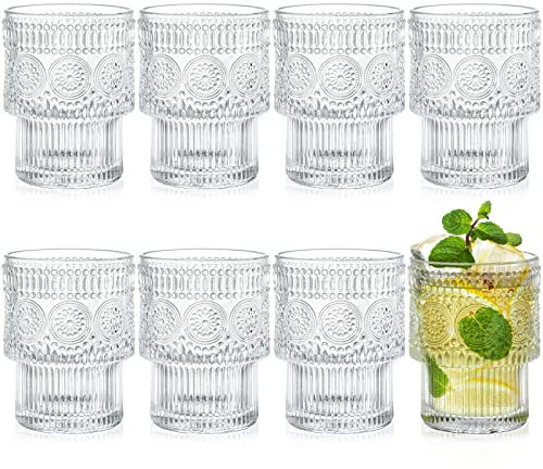 Kingrol 8 Pack 200ml Drinking Glasses, Stackbale Water Glasses, Vintage Glassware for Cocktail, Whiskey, Juice, Iced Coffee, Iced Tea, Bar Accessories