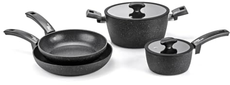 Moneta Etnea Evolution Set Pentole Induzione 6 Pezzi - Batteria Pentole Antiaderenti Effetto Pietra, Padelle e Pentole Induzione in Alluminio Forgiato ad Alto Spessore - Made in Italy