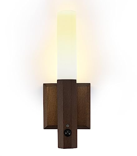 WingFly Magnetic Wall Light Cordless Motion Sensor Night Light, Rechargeable Night Lamp, Wall Mounted Wooden Torch Lights for Bedroom, Hallway, Stairway, Children Room (Brown)