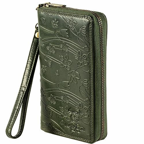 MATADOR Damen Geldbörsen Leder #Cadiz mit edler Geschenk Box, Eleganter Geldbeutel Leder RFID Wallet, Luxus Portmonee Geschenke für Frauen Viele Kartenfächer in Blumen Grün