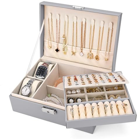 Sofore Schmuckkästchen Mädchen, 2 Etagen Reise Schmuckkästchen schmuckkästchen groß mit 2 Uhrenkissen, PU-Leder Aufbewahrungskoffer für Ohrringe Ringe Halsketten Uhren Armbänder, Grau
