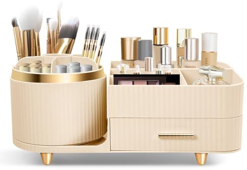 Cinnani Make Up Kosmetik Organizer, 360° Drehbarer Multifunktionale Kosmetikaufbewahrung,Beauty Organizer für Frisiertisch, Bad und Schlafzimmer,Mit multifunktionaler kleiner Schublade(Beige)