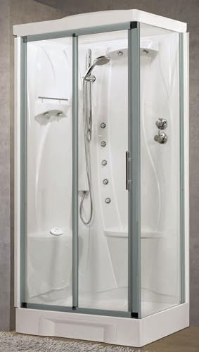 Novellini New Holiday 2P+F Hammam 100 x 70 cm Cabine de douche multifonction Ouverture Coulissante Siège Gauche Mitigeur Mécanique Verre Transparent Profil Silver Hydromassage Sauna Hauteur 225,5 cm