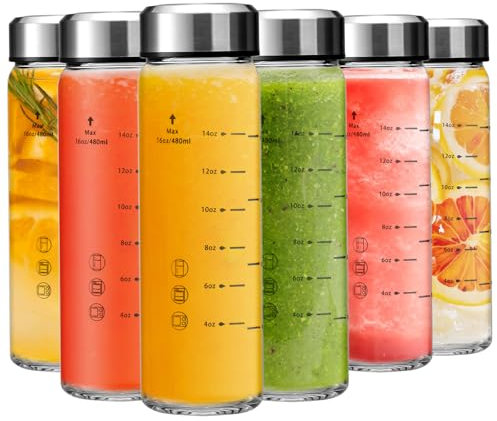 Olivego Botellas de jugo de vidrio de 16 onzas, paquete de 6 botellas de vidrio de boca ancha con tapas, sin BPA, tapas de acero inoxidable para jugos, batidos, agua infundida, almacenamiento de
