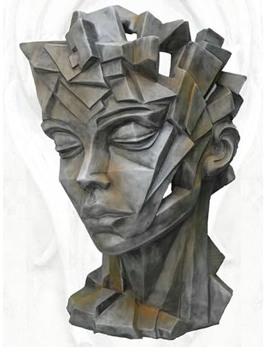 Skulptur Gesicht Kopf Frau Kubis 90cm abstrakt modern Rosteffekt Steinguss Steinfigur Vidroflor Gartenskulptur