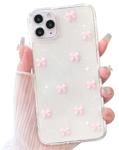 NITITOP Kompatibel mit iPhone 11 Pro Hülle Klar Transparent Cute 3D Rosa Schleife Süßes Glitzer Glitzernde Paillette Teen Girls Dünne Schutzhülle - Rosa Schleife