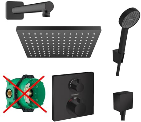 Hansgrohe Duschsystem Unterputz Duscharmatur Hansgrohe schwarz HGSK03-ob | Duscharmatur von Hansgrohe Ecostat Square Thermostat Armatur und Hansgrohe Regendusche Duschkopf eckig Dusch-SET schwarz