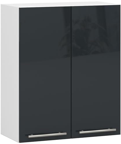 AKORD | Küchenhängeschrank - Oliwia W60 | 2 Regalböden & 2 Tür Küche Schrank | Einbauküche Küchenzeile Küchenmöbel Küchenschränke | Laminierte Platte | 60 x 30 x 72 cm | Weiß & Graphit Glanz