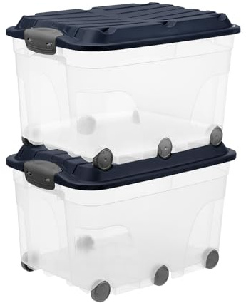 Rotho Roller 6 2er-Set Aufbewahrungsbox mit Deckel 57 L mit 6 Rollen Rot | Aufbewahrungsboxen im 2er-Set, als Stapelboxen platzsparend stapelbar, 2 Schnappverschlüsse, transparent mit rotem Deckel