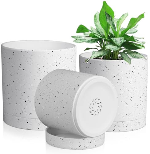 Homeuouz 3 Pack Plastic Plant Pots,15/12.5/10CM,Flower Pot Large Plant Pots Indoor Outdoor Plastic Plant Pot with Drainage Holes and Tray for House Plant Flower(White With Speckles)