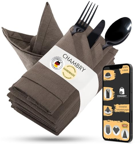 chambry 6 Premium Stoffservietten 100% Leinen Stonewashed - 40cm x 40cm - inkl. Faltanleitung als E-Book - Handarbeit Made in Germany - wiederverwendbar, elegant und nachhaltig - Braun