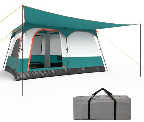 HOMASIS Tenda Campeggio con Portico e 2 Camere, Tenda Familiare da Esterno con 2 Finestre e 2 Porte, Gancio per Appendere la Lampada, Tasca Portaoggetti, Borsa da Trasporto, Grigio e Verde (L)