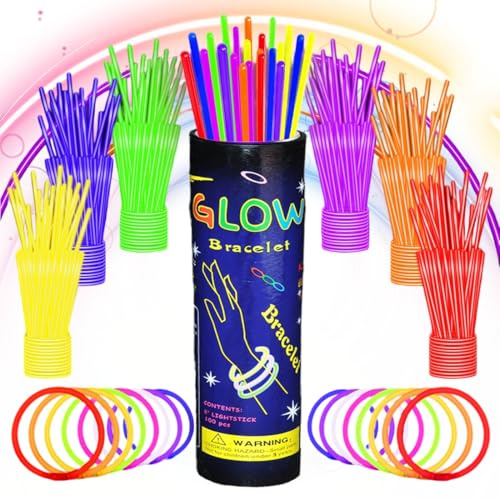 JUGUTA Braccialetti Luminosi Fluorescenti, 7 Colori Fluo Party Kit Bambini Adulti Starlight 100 Glow Sticks E Connettori Per Bracciali Occhiali Gadget Per Comleanno Feste Carnevale Capodanno Pasqua