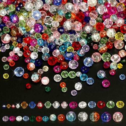 1300PCS Glass Beads for Jewellery Making 3 4 6 8MM Crystal Beads for Crafts | Faceted Glitter Crystal Glass Beads for Crafting Kids Adults Colorful Glass Beads for Bracelet Making Necklace Earring DIY