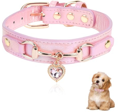 Collier pour Petite Chienne, Collier pour Chiot en Cuir PU avec breloque en Forme de cœur Scintillant, 5 Trous réglables, Colliers pour Chien avec Boucle dorée (S)