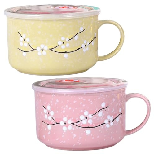 Xoeryoy Bols à soupe avec poignées de 800ml, 2 pièces, tasse à soupe en céramique pour micro-ondes avec couvercle, pour nouilles Ramen, salade de céréales, voyage