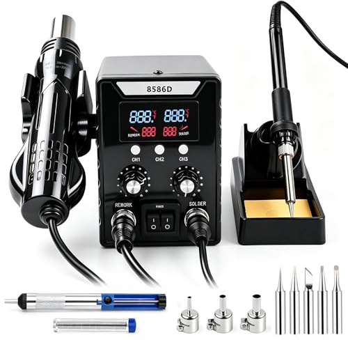 2 en 1 Conjunto de Estación de Soldadura 760W, Pantalla Digital 180-500°C Soldador +Pistola de Aire Caliente 8586D, Herramienta de Desoldadura Y Reparación, para Componentes Electrónicos