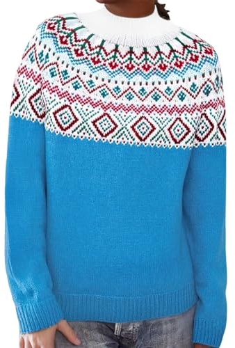 Icelandic Fair Isle Jumpers for Women UK Vintage Fairisle Ladies Sweaters Casual Loose Long Sleeve Crew Neck Knit Jacquard Pullover Sweater Stylish Retro Pattern Wool Knitwear (Sky Blue, S)