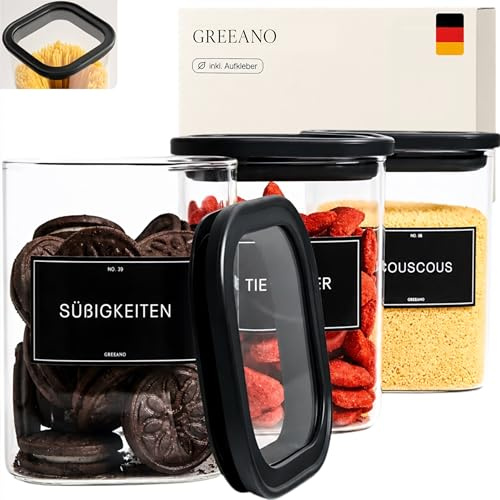 Greeano Vorratsgläser eckig mit Glasdeckel 1000ml [3er Set] | luftdicht & mottensicher | Vorratsdosen Glas | Aufbewahrungsgläser Küche für Lebensmittel, Nudeln, Mehl, Müsli, Kaffee