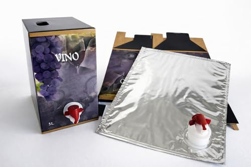 Taninea Bag in Box VACÍO 5 Litros con Grifo VITOP – Pack 5 Sets Caja + Bolsa de Aluminio Rellenable – Envase Alimentario para Vino Casero, Mosto y Bebidas Sin Gas – Caja Brillo Lavable