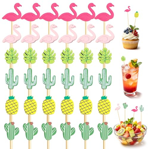 100 Piezas Palillos para Aperitivos Hawái, Pinchos para Aperitivos Verano, Pinchos Decorativos Cócteles, Palillos Aperitivos Reutilizables, Para Fiestas, Bodas, Cumpleaños, Brochetas de Frutas (A)