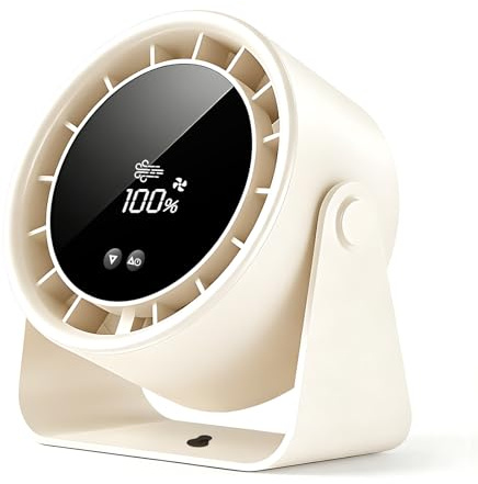 KUWUNG Desk Fan, USB Desktop Fan with LED Display & Long Battery Life, 100 Speeds, Portable USB Rechargeable Desk Fans, 90° Tilt Hangable Quiet Powerful Table Fans for Office, Home, Camping (Beige)