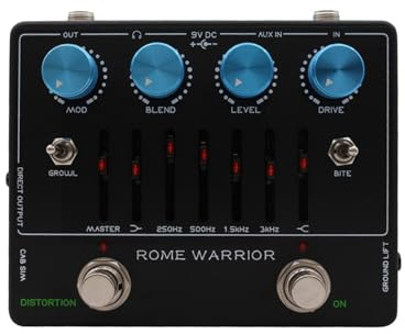 Eujgoov Basförförstärkarpedal 6-bands Grafisk EQ med 2 Distorsionslägen Blend Knopp Growls and Bite för Basgitarr Tyst övningsinspelning