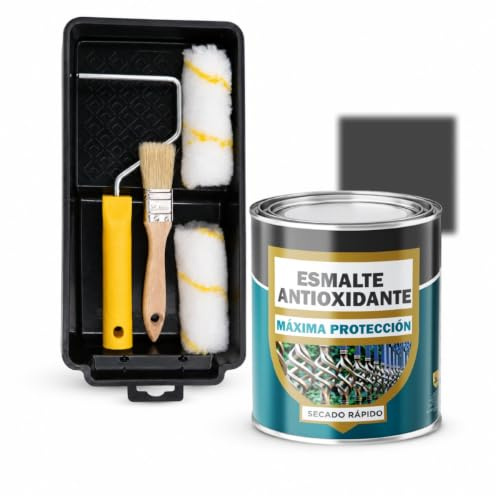 SPSIL Esmalte Antioxidante Gris Oscuro 750ml + Kit Pintura 5 Piezas, Secado Rápido Aplicación Directa Sobre Óxido, Interior Exterior para Metal y Madera