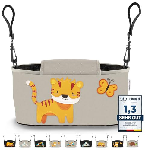 GRINSEZWERGE Borsa per Passeggino - 9 Motivi I Organizer per Carrozzina Neonato I Portaoggetti con Dispenser per Salviette I Universale Organizzatore Bambini colore grigio I Bambina Stroller Bag