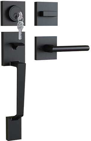 Ohuhu Front Door Lock Set, Heavy Duty Upgraded Front Door Handle Black Locksets with Deadbolt - Entry Exterior Door Handle Sets Single Cylinder Reversible Lever Matte Finish Zinc Alloy Modern Style