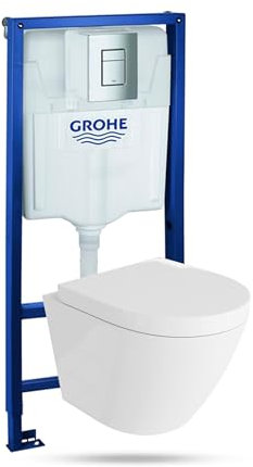 Lavita Vorwandelement Solido + Wand Hänge WC Sogo Weiß Spülrandlos + WC Sitz mit Absenkautomatik Verchromter Knopf Komplettset Unterputz Spülkasten Toilette Komplett Sett WC