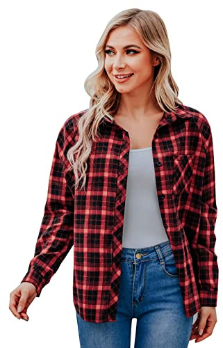 Chemisier Femme avec Bouton Chemise à Carreaux Femme Veste avec Poches à Manches Longues avec Bouton col Revers Chemise Veste à Carreaux pour Femme Oversize Rouge M