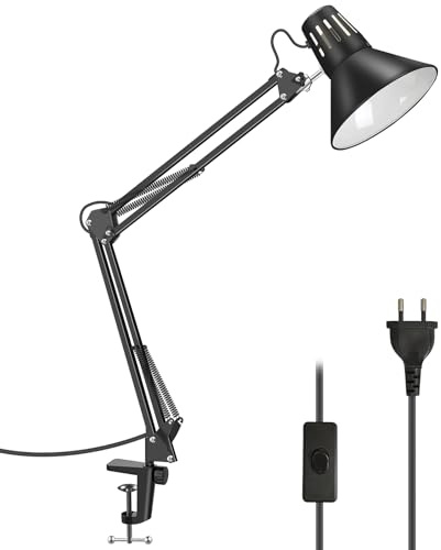 Milpoel Schreibtischlampe Retro, Klemmbare Tischlampe E27, Metall, Gelenkarm, schwenkbar, Tageslichtlampe Schreibtisch leuchte (Schwarz)
